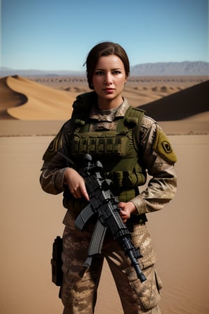 Female Soldier, in desert, ready for action, assault_rifle,(((photorealism:1.4))),young female,