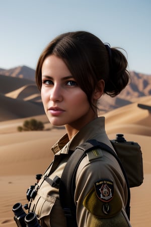 Female Soldier, in desert, ready for action, assault_rifle,(((photorealism:1.4))),young female,(((perfect eyes:1.4)))