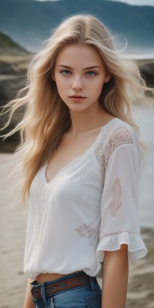 photorealistic,portrait of  Dutch teen girl, 16-years-old,  innocent face, (ultra realistic,best quality),photorealistic,Extremely Realistic, in depth, cinematic light, 1girl,(medium-long blonde  hair:1.4),outdoors,(front:1.3),(standing:1.3),seaside,cloudy sky,High-low skirt,(cowboy_shot:1.2),navel wavy hair, perfect lighting, vibrant colors, intricate details, high detailed skin, pale skin, intricate background, realism,realistic,raw,analog,portrait,photorealistic, taken by Canon EOS,SIGMA Art Lens 35mm F1.4,ISO 200 Shutter Speed 2000,Vivid picture,(((Accurate eyes))),Photorealistic:1.4,Dutch teen