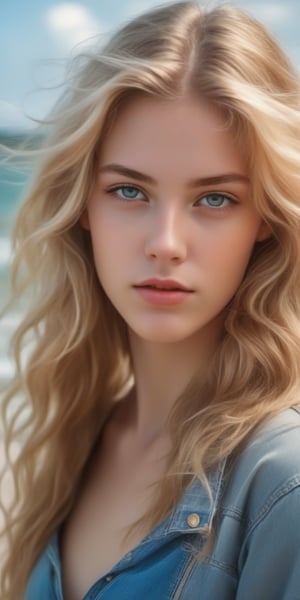 photorealistic,portrait of  Dutch teen girl, 16-years-old,  innocent face, (ultra realistic,best quality),photorealistic,Extremely Realistic, in depth, cinematic light, 1girl,(medium-long blonde  hair:1.4),outdoors,(front:1.3),(standing:1.3),seaside,cloudy sky,High-low skirt,(cowboy_shot:1.2),navel wavy hair, perfect lighting, vibrant colors, intricate details, high detailed skin, pale skin, intricate background, realism,realistic,raw,analog,portrait,photorealistic, taken by Canon EOS,SIGMA Art Lens 35mm F1.4,ISO 200 Shutter Speed 2000,Vivid picture,(((Accurate eyes))),Photorealistic:1.4,Dutch teen