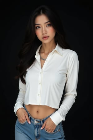 fashion model shoot, of a black haired woman with brown  eyes wearing a white shirt, blue jeans on a black background