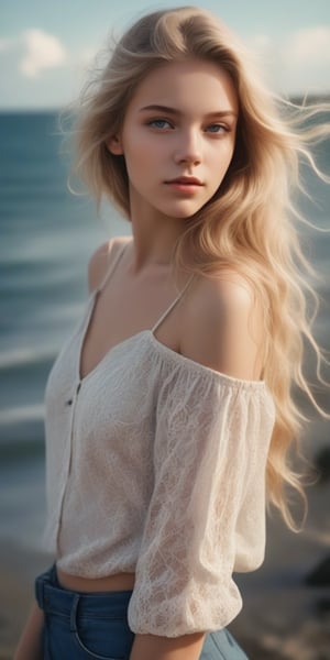 photorealistic,portrait of  Dutch teen girl, 16-years-old,  innocent face, (ultra realistic,best quality),photorealistic,Extremely Realistic, in depth, cinematic light, 1girl,(medium-long blonde  hair:1.4),outdoors,(front:1.3),(standing:1.3),seaside,cloudy sky,High-low skirt,(cowboy_shot:1.2),navel wavy hair, perfect lighting, vibrant colors, intricate details, high detailed skin, pale skin, intricate background, realism,realistic,raw,analog,portrait,photorealistic, taken by Canon EOS,SIGMA Art Lens 35mm F1.4,ISO 200 Shutter Speed 2000,Vivid picture,(((Accurate eyes))),Photorealistic:1.4,Dutch teen