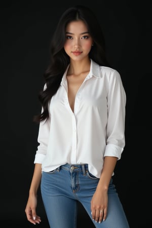 fashion model shoot, of a black haired woman with brown  eyes wearing a white shirt, blue jeans on a black background