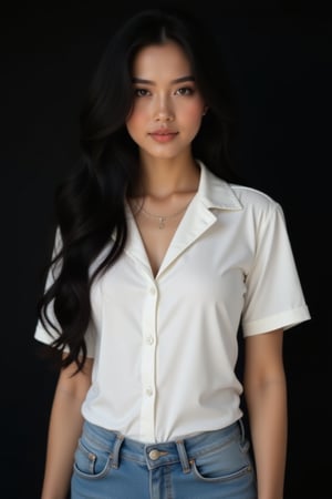 fashion model shoot, of a black haired woman with brown  eyes wearing a white shirt, blue jeans on a black background