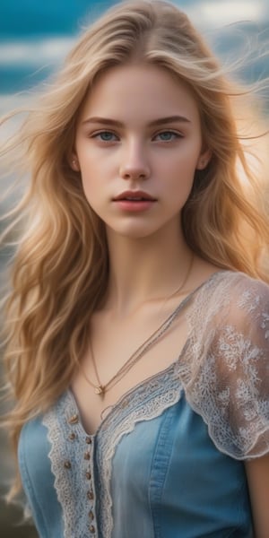 photorealistic,portrait of  Dutch teen girl, 16-years-old,  innocent face, (ultra realistic,best quality),photorealistic,Extremely Realistic, in depth, cinematic light, 1girl,(medium-long blonde  hair:1.4),outdoors,(front:1.3),(standing:1.3),seaside,cloudy sky,High-low skirt,(cowboy_shot:1.2),navel wavy hair, perfect lighting, vibrant colors, intricate details, high detailed skin, pale skin, intricate background, realism,realistic,raw,analog,portrait,photorealistic, taken by Canon EOS,SIGMA Art Lens 35mm F1.4,ISO 200 Shutter Speed 2000,Vivid picture,(((Accurate eyes))),Photorealistic:1.4,Dutch teen