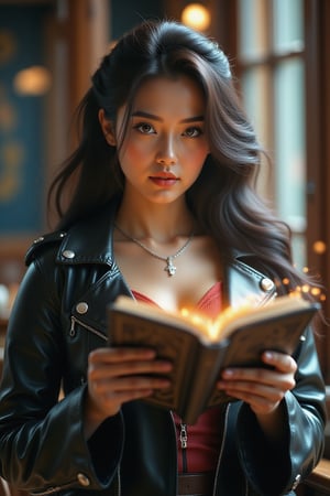 photogenic woman holding a magical book| magical glowing trails| light dust| fantasy robes| highly detailed fantasy art| cinematic lighting| sharp focus| unreal| render| 4k