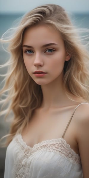 photorealistic,portrait of  Dutch teen girl, 16-years-old,  innocent face, (ultra realistic,best quality),photorealistic,Extremely Realistic, in depth, cinematic light, 1girl,(medium-long blonde  hair:1.4),outdoors,(front:1.3),(standing:1.3),seaside,cloudy sky,High-low skirt,(cowboy_shot:1.2),navel wavy hair, perfect lighting, vibrant colors, intricate details, high detailed skin, pale skin, intricate background, realism,realistic,raw,analog,portrait,photorealistic, taken by Canon EOS,SIGMA Art Lens 35mm F1.4,ISO 200 Shutter Speed 2000,Vivid picture,(((Accurate eyes))),Photorealistic:1.4,Dutch teen