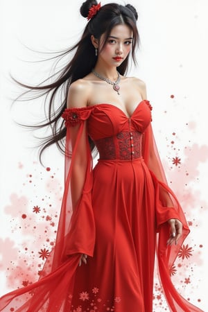 a painting of a woman in red with black hair, in the style of delicate ink washes, epic fantasy scenes, chinese painting, splattered/dripped, white background, traditional costumes, soft focus lens --ar 73:98 --stylize 750 --v 6