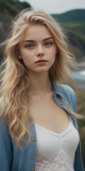 photorealistic,portrait of  Dutch teen girl, 16-years-old,  innocent face, (ultra realistic,best quality),photorealistic,Extremely Realistic, in depth, cinematic light, 1girl,(medium-long blonde  hair:1.4),outdoors,(front:1.3),(standing:1.3),seaside,cloudy sky,High-low skirt,(cowboy_shot:1.2),navel wavy hair, perfect lighting, vibrant colors, intricate details, high detailed skin, pale skin, intricate background, realism,realistic,raw,analog,portrait,photorealistic, taken by Canon EOS,SIGMA Art Lens 35mm F1.4,ISO 200 Shutter Speed 2000,Vivid picture,(((Accurate eyes))),Photorealistic:1.4,Dutch teen