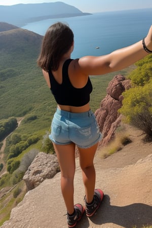 Greek girl is mountainclimbing and about to abseiling, just before going, she a full-body selfie: (((God's-eye-view))), shorts, tank top, 