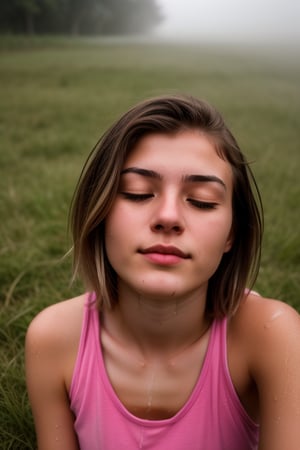 HDR photo of young woman, 21 years old,  with short bobcut hair, eyes closed, white tank top and underwear, clinging clothes, lying in a grass field in the rain, raining, wet skin, wet hair, foggy, misty rain, puddle of water, reflection . High dynamic range, vivid, rich details, clear shadows and highlights, realistic, intense, enhanced contrast, highly detailed,Dutch 