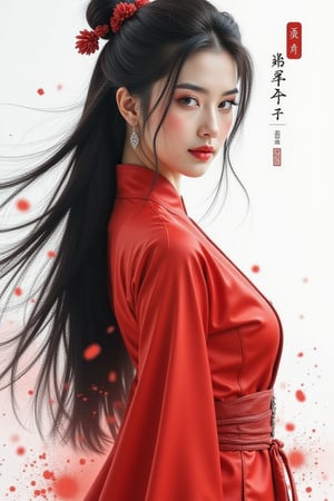 a painting of a woman in red with black hair, in the style of delicate ink washes, epic fantasy scenes, chinese painting, splattered/dripped, white background, traditional costumes, soft focus lens --ar 73:98 --stylize 750 --v 6