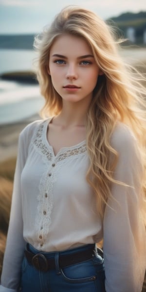 photorealistic,portrait of  Dutch teen girl, 16-years-old,  innocent face, (ultra realistic,best quality),photorealistic,Extremely Realistic, in depth, cinematic light, 1girl,(medium-long blonde  hair:1.4),outdoors,(front:1.3),(standing:1.3),seaside,cloudy sky,High-low skirt,(cowboy_shot:1.2),navel wavy hair, perfect lighting, vibrant colors, intricate details, high detailed skin, pale skin, intricate background, realism,realistic,raw,analog,portrait,photorealistic, taken by Canon EOS,SIGMA Art Lens 35mm F1.4,ISO 200 Shutter Speed 2000,Vivid picture,(((Accurate eyes))),Photorealistic:1.4,Dutch teen