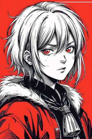 (Masterpiece), (highres), 8k, manga, digital illustration, 2d,  retro artstyle,  monochrome, partially colored,(ultra-detailed portrait of a man, solo,  shaded face, red theme, confident, colorful, shirt, jacket, fur trim, extremely detailed, detailed face, short hair, straight hair, bangs,stylish, expressive, looking to the side,  head tilt,  cowboy shot, fully clothed, (8k resolution),post00d,Hajime_Saitou,,quju,Oiran,sugar_rune,sweetscape