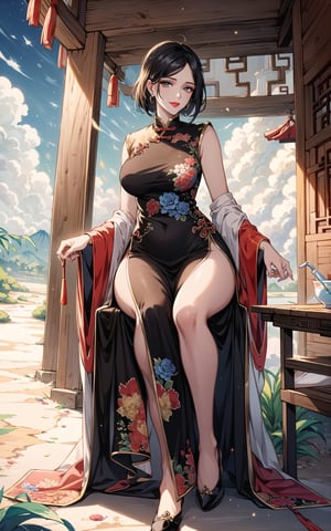 (Masterpiece, Best Quality:1.3), highres, 8k, highly detailed, ultra-detailed full body portrait, 2d, (faux traditional media:1.3), manga, illustration, (mature female!.3), fantasy, thick lineart, outline, flower, cowboy shot, solo, wind lift, (desert:1.3), bamboo forest, zen, paradise, (light smile), happy, expressive, 1girl, black hair, large breasts, sitting, (changpao, earring:1.3), flats, eyes half closed, shimmer, overgrowth, looking at viewer, bishounen, blue sky, (cloud), facing viewer, (perfect female figure:1.1), fairytale, wonder, dreamy, outdoors, nature, (chinese:1.3), chinese architecture, (extremely detailed background:1.2), 85mm, hyperrealistic, film grain, colorful, adult, lipstick, messy hair, short hair, (shadow), blurry foreground, (intricate details), mystical, (natural lighting:1.1), long face, cozy, (jmature female:1.3), stylish, fashion, bloom, (deep depth of field:1.3), Lifang