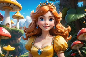(masterpiece, best quality), top quality, cgsociety, hyperrealistic, (high fantasy:1.3), A highly photorealistic image of princess daisy, yellow dress, fairy village, enchanted forest, the style of pixar,  flipped hair, orange hair, nature, head tilt, royal, regal, elegant,  seductive smile, lipstick, aged up, woman, extremely detailed background, shiny, deep and rich colors, aged up, looking at viewer, intricate details, mushroom, lively, expressive face, wind lift, detailed face, detailed eyes, blue eyes, happy, laughing, motion blur,  focus, (fantasy), various colors, gradient, 3d, colorful, transparent, bokeh, dreamlike, beautiful, volumetric lighting, 4K Unity, (muted colors, soothing tones), (deep depth of field), princess daisy, (cinematic), atmospheric perspective, sunlight, day, bloom, (glowing), floating particles, (raytracing:1.2), OC rendering, Color classification,hyperdetailed photography,  (super-detailed CG: 1.2), (8K: 1.2), c0raline_style,more detail madgod,sweetscape,madgod,stop motion,cl4mp,more detail XL, cinematic moviemaker style,disney style,glitter,glass shiny style,Strong Backlit Particles,Comic Book-Style 2d,2d,3D,art_booster,Mario1024,princess peach,mario