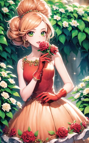 (Masterpiece, Best Quality:1.3), highres, 8k, highly detailed, 2d, (faux traditional media:1.3), manga, illustration, (mature female!.3), fantasy, thick lineart, outline, ((centered)), , sugar_rune, flower, cowboy shot, flower dress, solo, green eyes, polka dot, 1girl, sparkle, bush, open mouth, earrings, sleeveless, standing, gloves, overgrowth, hand on own face, (perfect hands), looking at viewer, dreamy, golden hour, outdoors, leaves, long hair, jewelry, white gloves, nature, doughnut hair bun, half updo, ((depth of field)), 85mm, hyperrealistic, film grain, colorful, (rose garden), shadow, (natural lighting:1.1), stylish, fashion, bloom