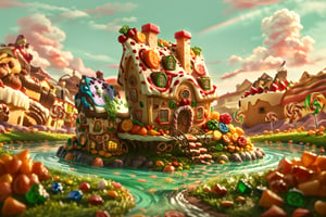 Score_9, Score_8_up, Score_7_up, (masterpiece, best quality), (insaneres), 8k resolution wallpaper, hyperdetailed, 2d, cartoon, sweetscape, full background, fantasy, winding path, (house made of candy:1.3), sugar, shiny, rainbow terrain, candy, (choloate:1.3), oversized truffle, smooth, round roof, rounded corners, dripping, oversized cake, cake, smarties, spiral tree, purple grass, (green water:1.4), (deep depth of field), sunset, glaze, sugar, glitter, volumetric lighting,  (Extremely detailed, intricate details)