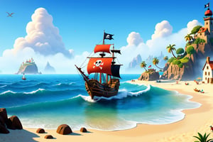 (Masterpiece, best quality:1.3), retro artstyle, 2d, thick lineart, cartoon, (no humans:1.3), a book of a cartoon pirate ship on the beach, island, 16th century, fairytale book, warmth, fantasy, adventure, epic, sharp focus, 35mm, intricate details, finely crafted, sunlight,  day, nostalgic visuals with charming hand-drawn animation, fun, no humans, seaside village, raytracing, volumetric, tilt-shift, deep depth of field, motion blur, (shiny), hyperdetailed,  (captivating storytelling:1.2), 8k, (nostalgic, fog, waves, hyperrealistic, atmosphere:1.2),vintage, Expressiveh,madgod,disney pixar style,GUILD WARS,3D,childrens_book_illustration,pppstyle,used book