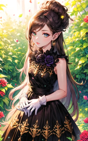 (Masterpiece, Best Quality:1.3), highres, 8k, highly detailed, 2d, (faux traditional media:1.3), manga, illustration, (mature female!.3), fantasy, thick lineart, outline, ((centered)), , sugar_rune, flower, cowboy shot, flower dress, solo, gradient eyes, polka dot, 1girl, sparkle, bush, eyes half closed,,closed mouth, earrings, sleeveless, standing, gloves, overgrowth, wariza, (perfect hands), looking at viewer, pointy ears, fairytale, wonder, dreamy, golden hour, outdoors, leaves, long hair, jewelry, white gloves, nature, doughnut hair bun, half updo, ((depth of field)), 85mm, hyperrealistic, film grain, colorful, lipstick, (very long hair), (rose garden), shadow, blurry foreground, path, (intricate details), mystical, (natural lighting:1.1), long face, country cottage, cozy, princess dress, (jmature female:1.3), stylish, fashion, bloom, (deep depth of field)