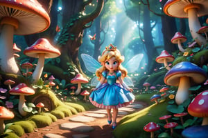(masterpiece, best quality), top quality, cgsociety, hyperrealistic, (high fantasy:1.3), A highly photorealistic image of a fairy village, enchanted forest, the style of pixar, nature, extremely detailed background, shiny, deep and rich colors,  intricate details, mushroom, lively, expressive face, wind lift,motion blur,  focus, (fantasy), various colors, gradient, 3d, colorful, transparent, bokeh, dreamlike, beautiful, volumetric lighting, 4K Unity, (muted colors, soothing tones), (deep depth of field), (cinematic), atmospheric perspective, sunlight, day, bloom, (glowing), floating particles, (raytracing:1.2), OC rendering, Color classification,hyperdetailed photography,  (super-detailed CG: 1.2), (8K: 1.2), c0raline_style,more detail madgod,sweetscape,madgod,stop motion,cl4mp,more detail XL, cinematic moviemaker style,disney style,glitter,glass shiny style,Strong Backlit Particles,Comic Book-Style 2d,2d,3D,art_booster,Mario1024,princess peach,mario