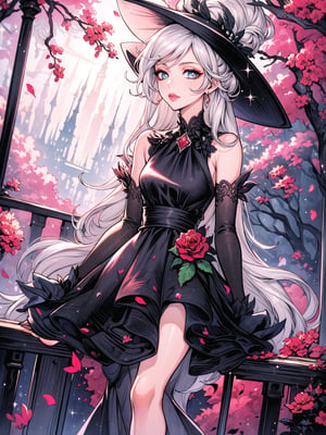 (Masterpiece, Best Quality:1.3), highres, 8k, highly detailed, 2d, (faux traditional media:1.3), manga, illustration, (mature female!.3), fantasy, thick lineart, outline, ((centered)), , sugar_rune, flower, cowboy shot, flower dress, solo, gradient eyes, polka dot, 1girl, sparkle, bush, eyes half closed,,closed mouth, earrings, sleeveless, standing, gloves, overgrowth, wariza, (perfect hands), looking at viewer, pointy ears, fairytale, wonder, dreamy, outdoors, leaves, long hair, jewelry, white gloves, nature, doughnut hair bun, half updo, ((depth of field)), 85mm, hyperrealistic, film grain, colorful, lipstick, (very long hair), (rose garden), shadow, blurry foreground, path, (intricate details), mystical, (natural lighting:1.1), long face, country cottage, cozy, princess dress, (jmature female:1.3), stylish, fashion, bloom, (deep depth of field)