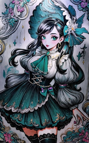 (Masterpiece, Best Quality:1.3), insaneres, (8k resolution), (centered), digital illustration, (outline, thick lineart), frilled collar, doll dress, bonnet, glowing, black eyes, black hair, hair bow, full angle view, bloom, shadow, (faux traditional media:1.3), long bangs, (detailed eyes, perfect face), jewelry, beaded curtain, colorful,  sidelocks, looking at viewer, large breasts, ascot, (multicolored theme:1.2), frilled collar, sigle braid, skirt set, knee-high stockings, giggling, teal and green theme, tan skin, magical girl,sugar_rune,fodress,1 girl