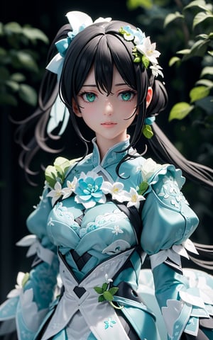 (masterpiece, best quality:1.3), 8k, insaneres, finely detailed face, detailed eyes, woman, flower dress, colorful, flower armor,green theme,exposure blend, side ponytail, hyperrealistic, medium shot, bokeh, (hdr:1.4), high contrast,BiophyllTech