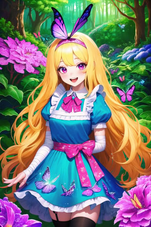 (Masterpiece), (insaneres), 8k, hyperdetailed, deep depth of field, motion blur, 0kazu, unique character concept, hyperrealistc, stunning artwork, madgod, finely crafted, alice in wonderland, diamond print thighhighs, diamond_(shape), hands behind back, sparkle, dreamy, cowboy shot, extremely detailed background. hypnotizing pink eyes, blonde hair, very long hair, butterfly hairband, blue dress. apron, bloomers, waist bow, finger bandages, fingernails, beautiful hands, girly running, blush, happy, smile, open mouth, retro artstyle, perfect female figure, garden, psychadelic, hair ornament, gorgeous, bloom, nature, shadow, nature, overgrown,  fantasy, outdoors, sunlight, day, scenery,1 girl, atmospheric,traditional media