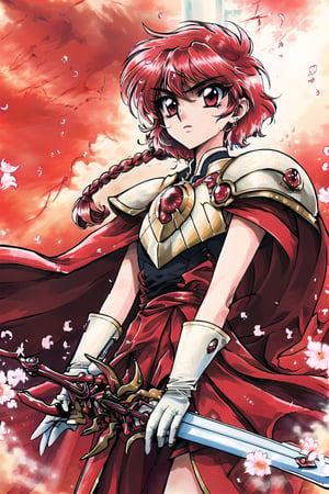 , (masterpiece, best quality:1.4), absurdres, best illustration, hikaru_rayearth, solo, long hair, red eyes, (detailed face, detailed eyes), gloves, holding, weapon,  braid, red hair, sword, white gloves, cape, holding weapon, armor, petals, single braid, (holding sword, pointing sword towards the heavens:1.2), godlight, halation, magnificent, epic scene, looking up, powerful, dynamic posture, fire, shoulder armor, serious, red cape, armored dress, retro artstyle, 1990s (style), red theme, (depth of field), (perfect anatomy:1.1), sharp focus),Rayearth