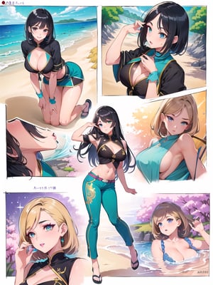 (masterpiece, best quality:1.1), highres, best illustration, (Traditional Media:1.2), Manga, 1980s \(style\), an adult woman dressed in a stylish cosplay outfit, fantasy,,official art, concept art,  2d, solo, (retro artstyle), (ultra-detailed), (best quality, highest quality), (ultra detailed), (8k, 4k, intricate), (Cowboy-shot:1.2), full body view, (50mm), (highly detailed:1.2), (detailed face:1.2), (outline), upper body,  aged up, (mature female:1.3), mosnter girl], halloween, beautiful, (dynamic_angle:1.2), (dynamic_pose:1.2), pitch black hair, alternate hairstyle, orange eyes,(detailed deep eyes, medium breasts, (best shadow),( lips, curvy, makeup, glossy lipstick, official alternate costume, pants, sheer, textured, patterned, (gold embroidered clothes), light sparkles, particles, eye reflection, (scenery), enchanted forest, nature, detailed ocean waves on a sandy beach, turquoise and green, reflective water, inverted reflection, glistening, pose, outdoor, sunlight ,caustics, (colorful, pastel colors) , fairytale