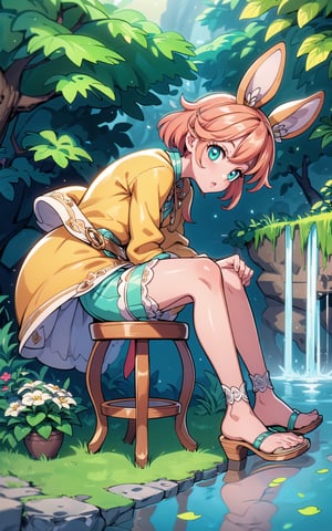 (Masterpiece, Best Quality:1.3), insaneres, top quality, (8k resolution wallpaper), (extremely detailed), 2d, in the style of beatrix potter, manga, illustration, (fantasy), thick lineart, outline, sugar_rune, animal, personification, flower, bar, stool, (no humans), overgrowth, (small details:1.2), fairytale, wonder, dreamy, (minigirl:1.3), outdoors, leaves, (nature), small bridge, (deep depth of field), 85mm, hyperrealistic, film grain, dynamic, surreal, architecture, miniature, (garden, valley, river, brook), fantasy realm, shadow, enchanting, blurry foreground, path, seaside, beautiful, fantastic landscape, (intricate details), mystical, (natural lighting:1.1), country cottage, cozy, min waterfall, bloom, (smooth, rounded corners), (high fantasy),  reflection, white vignetting, (volumetric lighting:1.3), best shadow, lively, ISO_SHOP