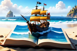 (Masterpiece, best quality:1.3), retro artstyle, 2d, thick lineart, cartoon, (no humans:1.3), a book of a cartoon pirate ship on the beach, island, 16th century, fairytale book, warmth, fantasy, adventure, epic, sharp focus, 35mm, intricate details, finely crafted, sunlight,  day, nostalgic visuals with charming hand-drawn animation, fun, no humans, seaside village, raytracing, volumetric, tilt-shift, deep depth of field, motion blur, (shiny), hyperdetailed,  (captivating storytelling:1.2), 8k, (nostalgic, fog, waves, hyperrealistic, atmosphere:1.2),vintage, Expressiveh,madgod,disney pixar style,GUILD WARS,3D,childrens_book_illustration,pppstyle,used book