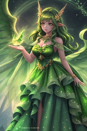 (Masterpiece, best quality:1.4), insaneres, top quality, 8k resolution, w1ndam, 1girl, leaf dress, nature, green nail polish, magical girl, henshin, wind, magic, solo, aura, outer glow, beak, forehead jewel, yellow sclera, glowing, bloom, sky, facing viewer, flapping wings, multiple wings, feathered wings, green theme, looking at viewer, green hair, wavy hair, very long hair, from side, floating, (deep depth of field:1.2), volumetric lighting, , blurry foreground, blurry background, tilt-shift, (glowing particles:1.4), dynamic, volumetric lighting, stunning artwork,saba_styl3