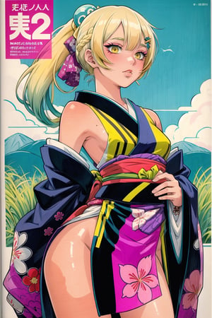 (masterpiece, best quality:1.3), 8k resolution, digital illustration, cover page, gradient, faux traditional media, thick lineart, bold lineart, 2d, original character concept,gold kimono, floral print, print, cowboy shot, dated, 1girl, tan skin, punk, blonde hair, (dynamic posture), blush, shy, blue sky, pose, expressive pose, hirom1tsu, stylish, fashion,  hair ornament, makeup, full lips, tsurime,  looking at viewer, arms behind back, half updo, tomboy, cool, magazine cover, fantasy,very long hair, (low ponytail:1.2), shiny, layered kimono, simple background, sleeves past wrists, solo, text focus, grass, valley in distance, (colored lines:1.2), (Worldwide trending artwork,ninjascroll,traditional media,cara,retro artstyle,sugar_rune,yuya