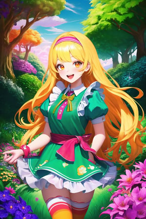 (Masterpiece), (insaneres), 8k, hyperdetailed, deep depth of field, motion blur, 0kazu, unique character concept, hyperrealistc, stunning artwork, madgod, finely crafted, alice in wonderland, diamond print thighhighs, diamond_(shape), hands behind back, sparkle, dreamy, cowboy shot, extremely detailed background. hypnotizing orange eyes, blonde hair, very long hair, hairband, green dress. apron, bloomers, waist bow, beautiful hands, girly running, blush, happy, smile, open mouth, retro artstyle, perfect female figure, garden, psychadelic, hair ornament, gorgeous, bloom, nature, shadow, nature, overgrown,  fantasy, outdoors, sunlight, day, scenery,1 girl, atmospheric,traditional media