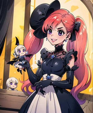 (Masterpiece, Best Quality:1.3), insaneres, (8k resolution), highly detailed, 2d, (faux traditional media:1.3), manga, digital illustration, fantastic composition, spot color, fantasy, thick lineart, outline, (centered), sugar_rune, adorable, 1girl holding a cute miniature sized doll in her hand, expressive, happy, cute, (doll dress:1.3), (dynamic pose:1.3), flower, (black theme:1.3), (in the style of yuki kajiura:0.8, ayami kojima, cowboy shot, (victorian), (gothic dress:1.4), dark theme, monochrome, solo, purple eyes, 1girl, indoors, dark room, victorian setting, smile, evil smile, grin, looking down, from below, (hiding in the shadows:1.3), glowing eyes, parted lips, doll, earrings, sidelocks, (bangs:1.2), (low twintails:1.4), sleeveless, standing, elbow gloves, (dutch angle), supernatural, bonnet, doll dress, ribbon, waist-bow, hair bow, (night:1.2), looking down, looking up, (eye contact), fairytale, wonder, dreamy, bloom, dust particles, natural light pouring through window, (shadow:1.3), darkness, jewelry, very long hair, black gloves, lace trim, half updo, (deep depth of field:1.3), 85mm, hyperrealistic, film grain, colorful, lipstick, blurry foreground, haunted house, (halloween), (moody lighting:1.4), (spooky), (intricate details:1.2), focus face, messy hair, mystical, table, grandfather clock, bookshelf, livingroom, door, high-rise staircase, stairs, curtains, plant, (natural lighting:1.1), long face, (extremely detailed background:1.3), (stylish, fashion), scenery, human furniture, (fantasy:1.3),perfecteyes