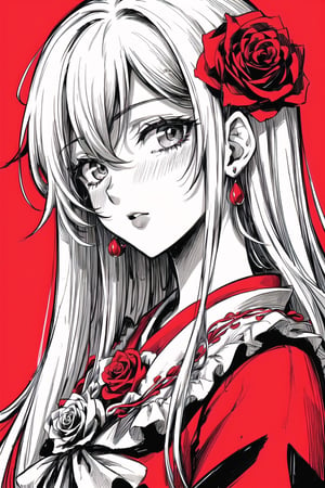 (Masterpiece), (highres), 8k, manga, digital illustration, 2d,  retro artstyle,  monochrome, partially colored,(ultra-detailed portrait of a woman,solo,  shaded face, red rose, red theme, confident, jewelry, colorful, frill trim, extremely detailed, detailed face, lipstick, straight hair, bangs,stylish, expressive, blush, looking to the side,  head tilt,  cowboy shot, fully clothed, (8k resolution),post00d,Hajime_Saitou,,quju,Oiran,sugar_rune