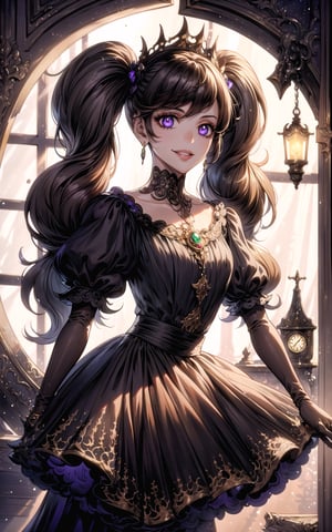 (Masterpiece, Best Quality:1.3), insaneres, (8k resolution), highly detailed, 2d, (faux traditional media:1.3), manga, digital illustration, fantastic composition, (mature female1.3), fantasy, thick lineart, outline, ((centered)), , sugar_rune, black hair, (dynamic pose:1.3), flower, (black theme:1.3), (in the style of yuki kajiura:0.8, ayami kojima, cowboy shot, (victorian), (gothic dress:1.4), dark theme, solo, purple eyes, 1girl, indoors, dark room, victorian setting, smile, evil smile, grin, looking down, from below, (hiding in the shadows:1.3), glowing eyes, parted lips, doll, earrings, sidelocks, (bangs:1.2), (low twintails:1.4), sleeveless, standing, elbow gloves, (dutch angle), supernatural, bonnet, doll dress, ribbon, waist-bow, hair bow, (night:1.2), looking at viewer, expressionless, fairytale, wonder, melancholy, dust particles, natural light pouring through window, (shadow:1.3), darkness, jewelry, very long hair, black gloves, lace trim, half updo, (deep depth of field:1.3), 85mm, hyperrealistic, film grain, colorful, lipstick, blurry foreground, haunted house, (halloween), (moody lighting:1.4), (spooky), (intricate details:1.2), focus face, messy hair, mystical, table, grandfather clock, bookshelf, livingroom, door, high-rise staircase, stairs, curtains, plant, (natural lighting:1.1), long face, (extremely detailed background:1.3), (stylish, fashion), scenery, human furniture, (fantasy:1.3),perfecteyes