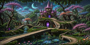 (best quality, masterpiece:1.3), high fantasy, c0raline_style,  (stop motion), alien architecture, colorful, (cinematic), stylish, focus, dreamy, extremely detailed and dynamic, (hyperrealistic, photoreal:1.1), cg unity wallpaper, fairy village, shimmer, glowing, high contrast, enchanted forest, disney, uhdr, full angle view, bloom, twisted tree, dynamic lighting, volumetric, deep depth of field:1.3), bokeh, expressive, intricate design, pond, moon bridge, atmosphere, sugar, glitter, floating particles, dark, field, outdoors, nature, sky, grass, more detail XL,madgod,Movie Still,l0dbg,sweetscape