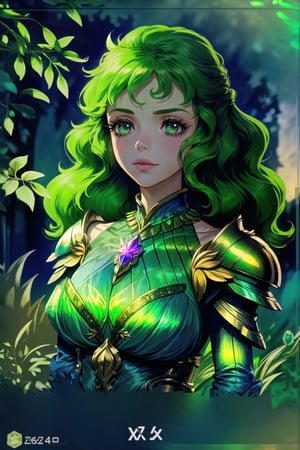 (Masterpiece, best quality:1.4), insaneres, top quality, 8k resolution, traditional media, retro artstyle, card_(/medium), holofoil, solo, upper body, (aura, outer glow:1.1),  forehead jewel, hypnotic yellow eyes, glowing, bloom, forest, nature, facing viewer, 1girl,  green hair, curly hair, very long hair,  gorgeous, wind, magic, armored dress, green theme, looking at viewer, (deep depth of field:1.2), circlet, floating, arm guards, shoulder armor, shiny, volumetric lighting,shimmer