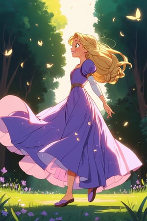 (masterpiece, best quality), digital illustration, volumetric lighting, faux traditional media,  2d, anime visual, thick lineart, 8k indoors, rapunzel_(disney), expressive, lively, fun, very long hair, aged up, braided hair, blonde hair, hair flower, (mid shot, upper body), focus, smile, harmony, volumetric lighting, dreamy, motion blur, glowing, 1girl,  green eyes, bangs, fantasy, hair ornament, dancing, balancing, full lips, purple dress, standing, fully nature, tree, grass, cowboy shot, feet out of frame, solo, outdoors, unique character design, mature female, (outline), light blush, (motion blur), (dynamic line of action:1.1), (deep depth of field), full background, peaceful, sunset, (extremely detailed, from side, looking down, (focused), intricate details:1.3), enchanted forest, dark-skinned female, hyperrealistic, photoreal, detailed face, detailed eyes, serene, shiny, cl4mp,more detail XL,cl4mp,c0raline_style,r0b0cap