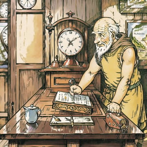 (masterpiece, best quality:1.3), 8k resolution, digital illustration, rup3rt_Style, (solo:1.2), old man, old, balding, beard, workshop, working, hands up, tunic, sleeveless, table, clock, indoors, painting (object), small details, extremely detailed background, finely detailed face, looking down, smile, weathered, warm tone, (fantasy illustration:1.3), intricate details