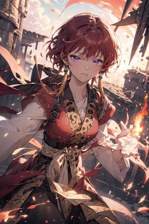 (masterpiece, best quality:1.3), insaneres, top quality, 8k, highly detailed, ultra-detailed. cowboy shot, yona1, red hair, purple eyes, tearing up, half-closed eyes, sad, closed mouth, (tanlin ruqun, banbi, tassel earrings:1.1), surrounded by flames and nature, beautiful, gorgeous, perfect composition, bloom, sky, scenery, (extremely detailed background), intricate details, dynamic, dynamic pose, 1 girl