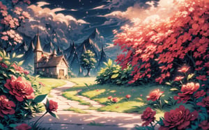 (Masterpiece, Best Quality:1.3), highres, 8k, highly detailed, 2d, (faux traditional media), manga, illustration, (fantasy), thick lineart, outline, sugar_rune, animal, flower, (no humans), overgrowth, fairytale, wonder, dreamy, outdoors, leaves, (nature), (deep depth of field), 85mm, hyperrealistic, film grain, (rose garden), fantasy realm, shadow, blurry foreground, path, seaside, beautiful, fantastic landscape, (intricate details), mystical, (natural lighting:1.1), country cottage, cozy,  bloom, (smooth, rounded corners), white vignetting, (volumetric lighting:1.3), best shadow