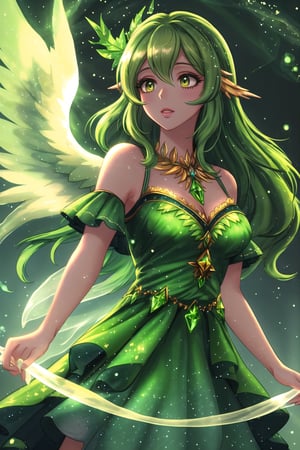 (Masterpiece, best quality:1.4), insaneres, top quality, 8k resolution, w1ndam, 1girl, leaf dress, nature, green nail polish, magical girl, henshin, wind, magic, solo, aura, outer glow, beak, forehead jewel, yellow sclera, glowing, bloom, sky, facing viewer, flapping wings, multiple wings, feathered wings, green theme, looking at viewer, green hair, wavy hair, very long hair, from side, floating, (deep depth of field:1.2), volumetric lighting, , blurry foreground, blurry background, tilt-shift, (glowing particles:1.4), dynamic, volumetric lighting, stunning artwork,saba_styl3