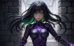 centered, digital art, upper body, (beautiful detailed eyes:1.2), | solo, ebony woman, wearing the black and purple cybernetic armor with green parts of Space Woman, tight bodysuit, black hair, dreadlock hair, emerald eyes, muscular proportions, | in a dungeon made all of metal, | bokeh , depth of field