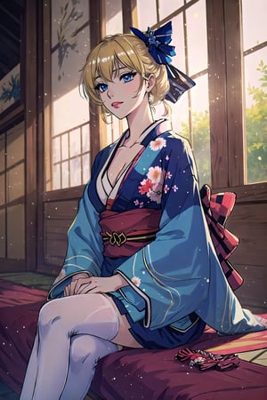 (masterpiece, best quality:1.4), top quality, insaneres, digital illustration, (faux Traditional Media), Manga, arknights,  (dynamic posture), [anime visual], solo, centered, (crack of light:1.4), from below, yuya, blonde hair, hair bow, upper body, cowboy shot, aged up, kimono, indoors, shadow, dark, (8k resolution), atmospheric, beautiful, dreamlike, dreamy, bloom, cg unity wallpaper official art, (cowboy shot), (contrast:1.3), looking at viewer, cleavage, large breasts, (thick lineart), (kimono print),  floral adorment, intricate, embroidery, beautiful, stylish, frill trim, thighhighs, checkered, layered dress, hugging, happy, relaxed pose, (dirdl:1.3), halation, high-waist belt, glass, reflective surface, (shiny:1.3), sitting, crossed legs, arm support, head on own chin, bored, tired, closed mouth, frown, looking to the side, indoors, east asian architecture, official art, hairpin, geisha, original, wide sleeves, long sleeves, (intricate details), extemely detailed, blue eyes, (gradients), dynamic,  (ultra-detailed), (hair between eyes, low ponytail:1.2), eye reflection, (multicolored theme), (fantasy), (long hair:1.5), (lipstick), (limited palette), grin, smile, half-closed eyes, (perfect anatomy:1.1), (blurry background, deep depth of field:1.5), (sharp focus), volumetric lighting, (reflective:1.2), rim lighting, (outline),coralinefilm