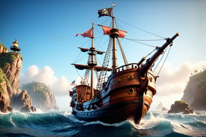 score_9, score_8_up, score_7_up, (Masterpiece, best quality:1.3), retro artstyle, 1930s cartoon, (no humans:1.3), cinematic shot of a cartoon pirate ship on the ocean, warmth, fantasy, adventure, epic, professional photo, logo, sharp focus, 35mm, intricate details, finely crafted, sunlight, hyperrealistic, photoreal, muted tones, soothing colors, day,  cinematic, nostalgic visuals with charming hand-drawn animation, fun, no humans, raytracing, volumetric, tilt-shift, deep depth of field, motion blur, (shiny), hyperdetailed,  (captivating storytelling:1.2), 8k, (nostalgic, fog, waves, hyperrealistic, figurine, atmosphere:1.2),vintage, Expressiveh,madgod,disney pixar style