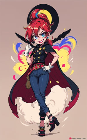 (masterpiece, best quallity:1.3), 8k, top quality, digitial illustration, gradients, dynamic pose, a colorful cartoon character, mature female, adult, villain, evil smile, glaring, laughing, dialated pupils, red hair, blue eyes, detailed eyes, finely detailed face, beautiful, expressive, cowboy shot,feet out of frame,intricate details, extremely detailed,  lipstick, makeup, aged up,(fantasy:1.3), bokeh, (hdr:1.4), high contrast, (sticker), see-through cape, gradient cape, hand up, hand on own hip, contrapposto, confident, head tilt, military uniform, military hat, gloves, puffy pants, heels, hair between eyes, sky, colorful, shiny, wind lift, long hair, (low ponytail:1.3), tomboy, cool, serious, smirk, focused, (pants_tucked_in), frilled shirt, hair ribbon, jewelry, sassy princess, buttons, high-waist belt, cinematic, (vivid colors), vibrant, bloom, deep depth of field, rha30,(best quality,EpicLogo,mesugaki